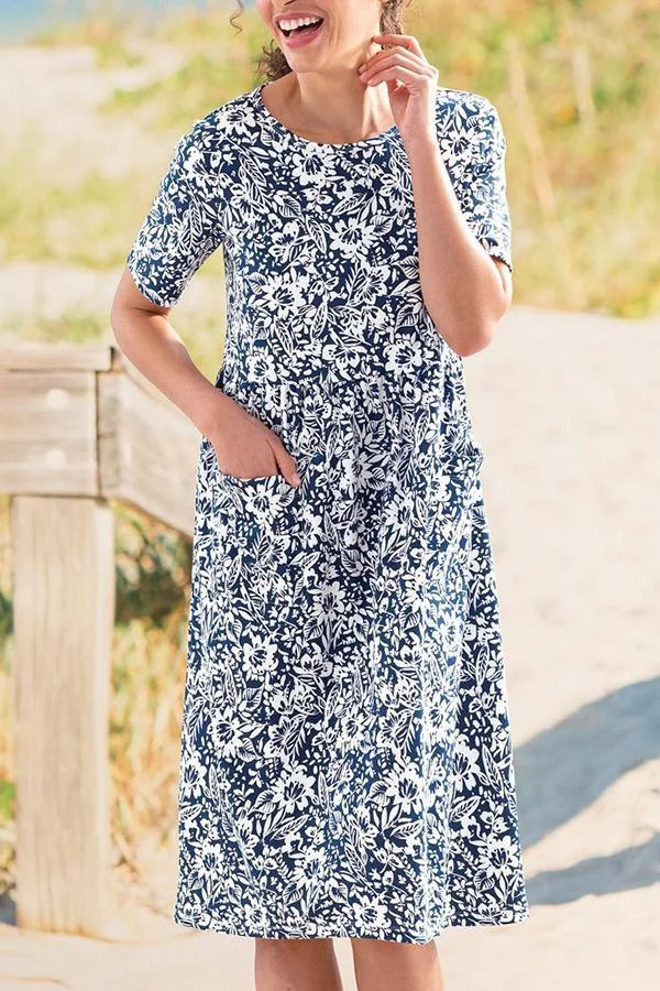 Elegant Floral Print Paneled Side Pockets Midi Dress
