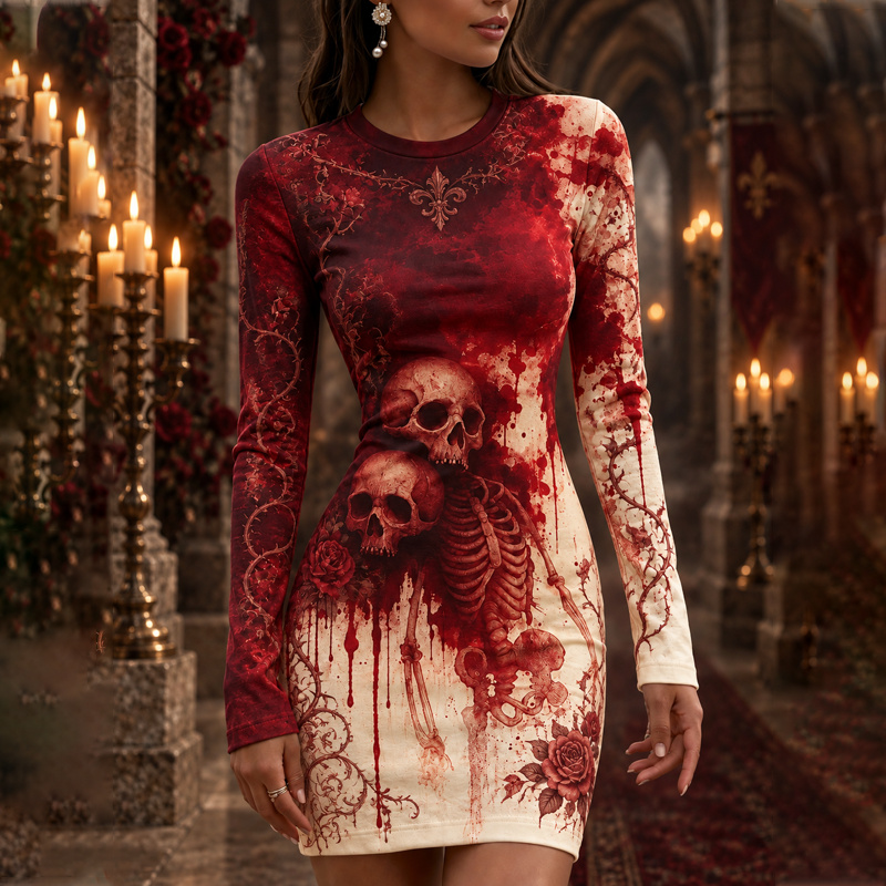 Comstylish Women's Halloween Bloodstain Skull Rose Print Round Neck Bodycon Dress