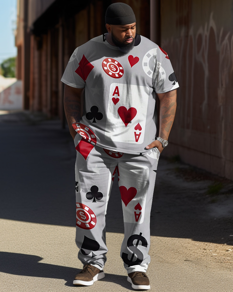 Men's Large Street Casual Poker Graffiti Print T-Shirt Trousers Suit