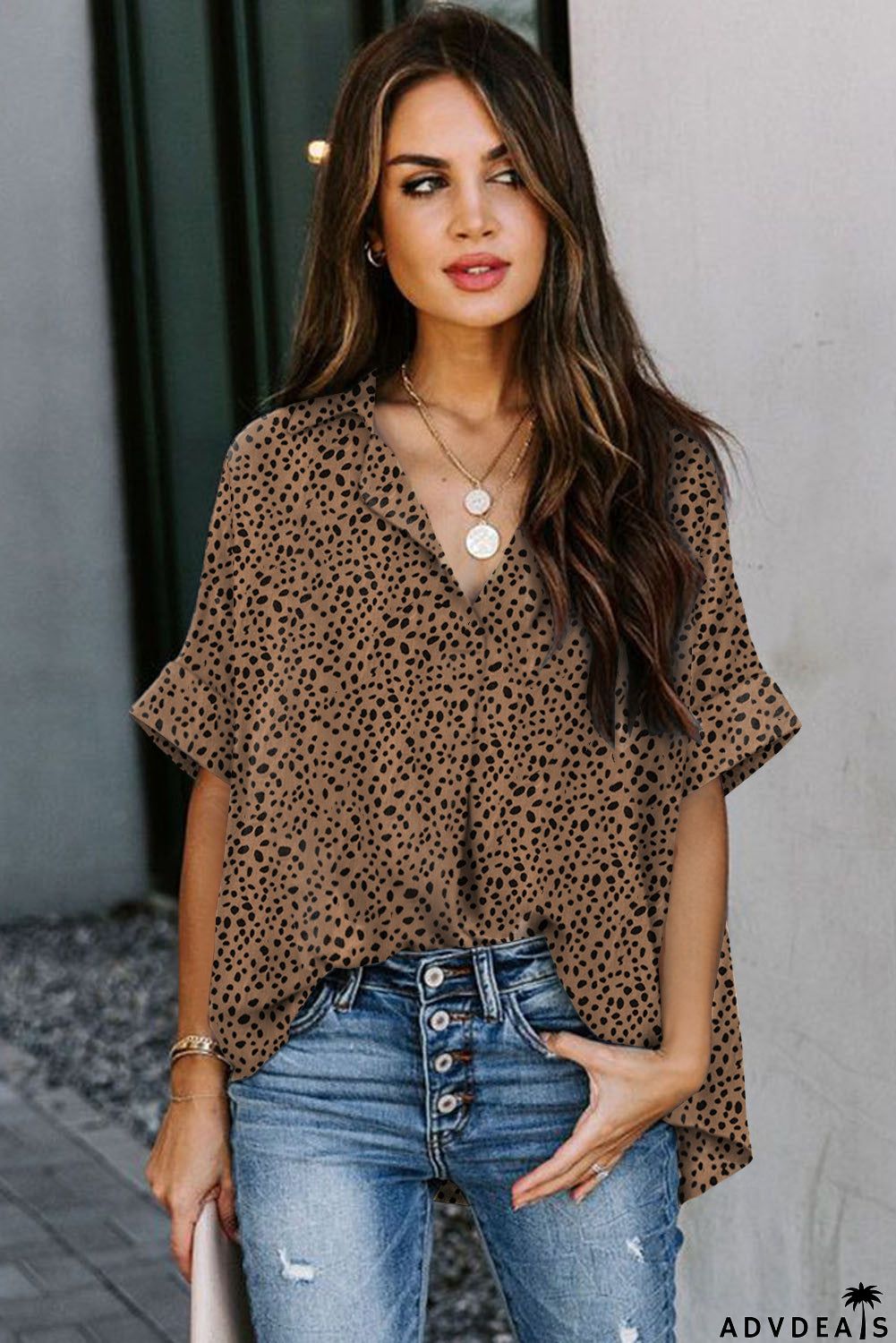 Dotted Print V Neck Drape Front Blouse