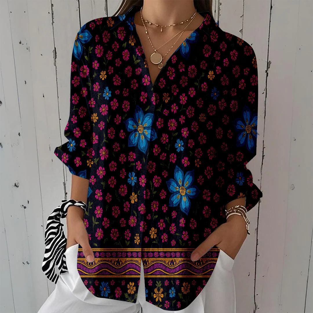 Style & Comfort for Mature Women Women Bohemian,Red,Blue,Floral DZCL0281 3/4 Sleeve Shirt Collar Printed Button Tops
