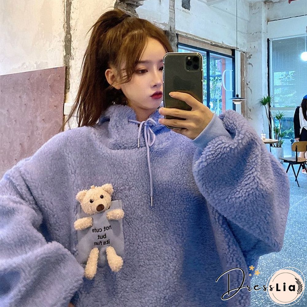Kawaii Bear Fleece Winter Women Sweatshirts Hoodies Fashion Cute Doll Pullover Oversized Casual Loose Warm Clothes Streetwear