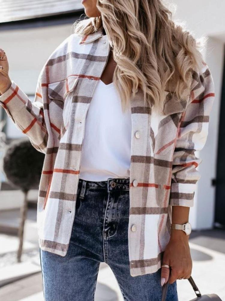 Women's Plaid Print Long Sleeve Lapel Jacket
