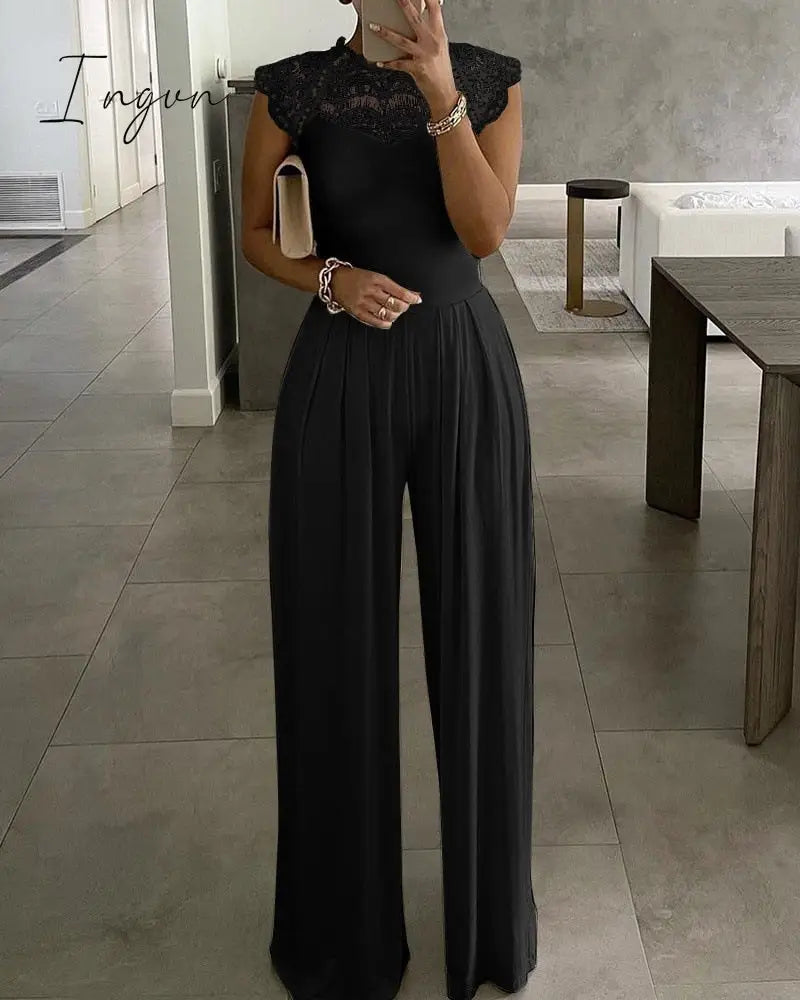 Ingvn - White Long Trouser Wide Leg Jumpsuits Pant Ladies Fashion Loose Casual Lace Jumpsuit Female