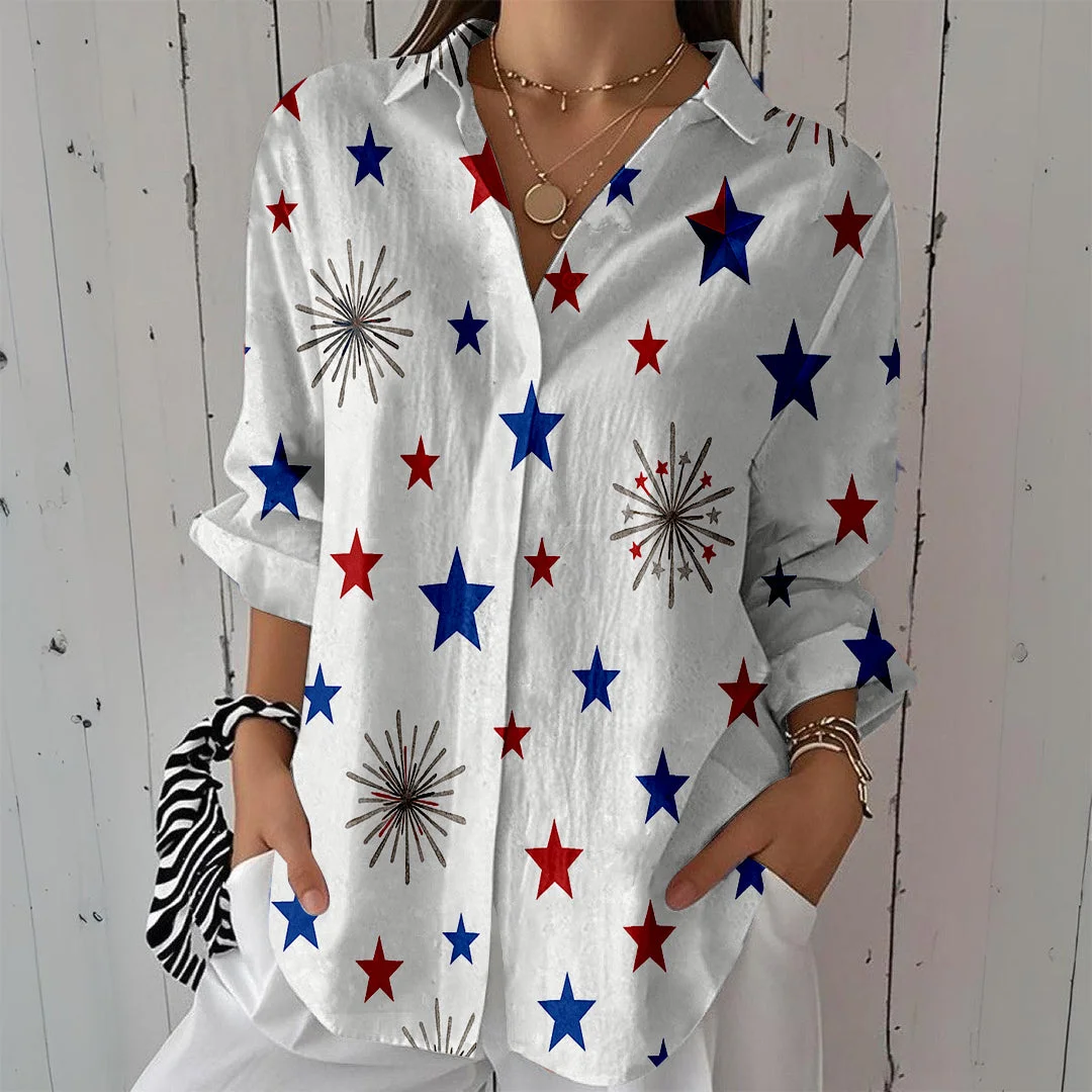 Style & Comfort for Mature Women Women  Independence Day, Star, Striped, Blue, Red DZCL0227 3/4 Sleeve Shirt Collar Printed Button Tops