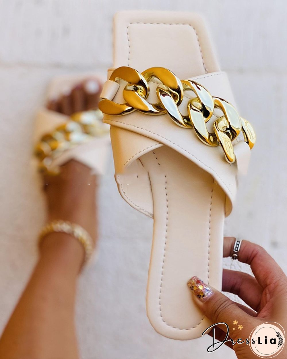 Square-toe Solid Color Splicing Chain Flat Slippers