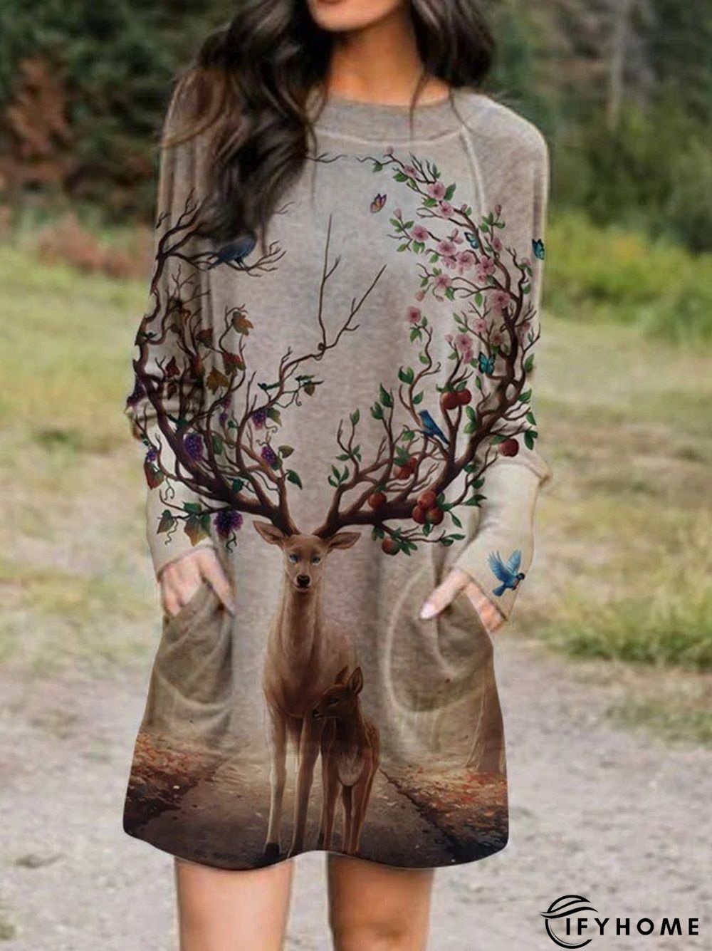 Khaki Animal Printed Casual Shift Crew Neck Long Sleeve Spring&Fall Knitting Dress | IFYHOME