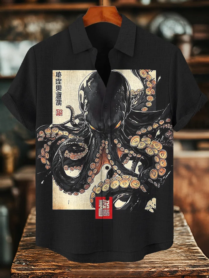 Men's Dark Octopus Japanese Art Print Casual Shirt