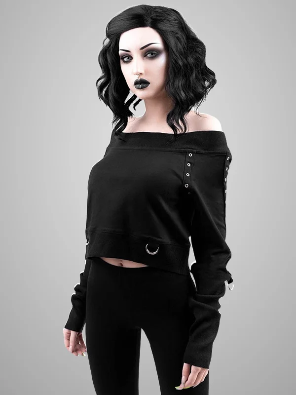 Goth Solid Slim Midriff-baring Off Shoulder Hoodie