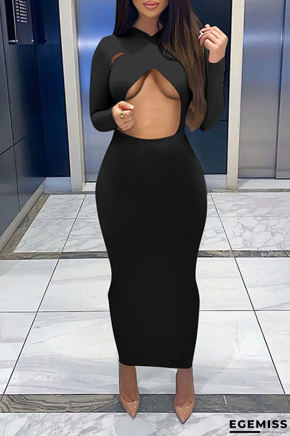 Black Sexy Solid Hollowed Out Patchwork O Neck Pencil Skirt Dresses | EGEMISS