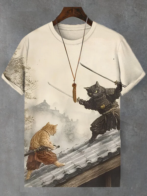 Men's Japanese Cat Swordsman Duel Printed Casual T-Shirt