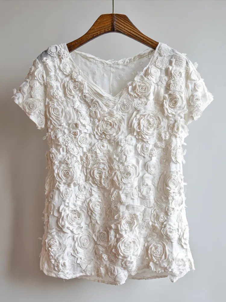 Bohemian Style White Rose Embossed Embroidery Women's Cotton And Linen T-shirt