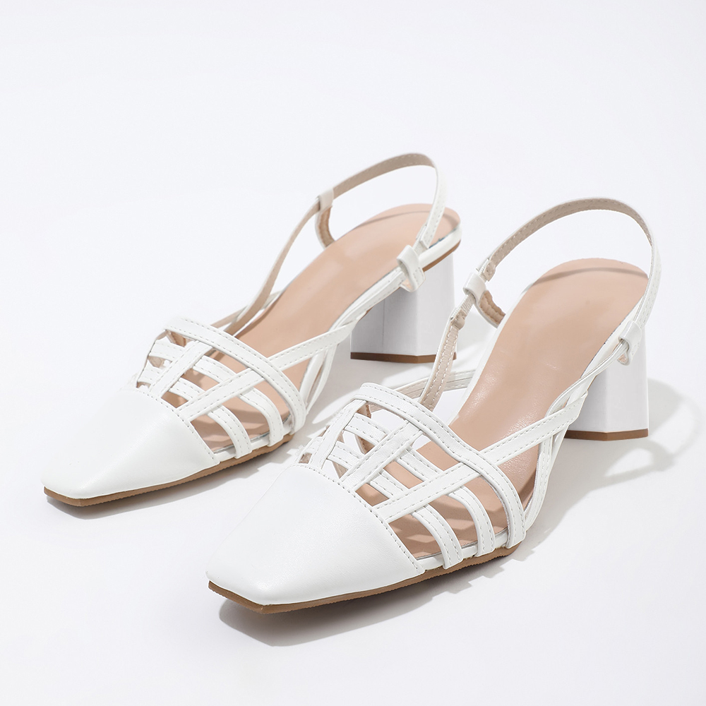White Square Toe Chunky Heel Cut Out Slingback Pumps Nicepairs