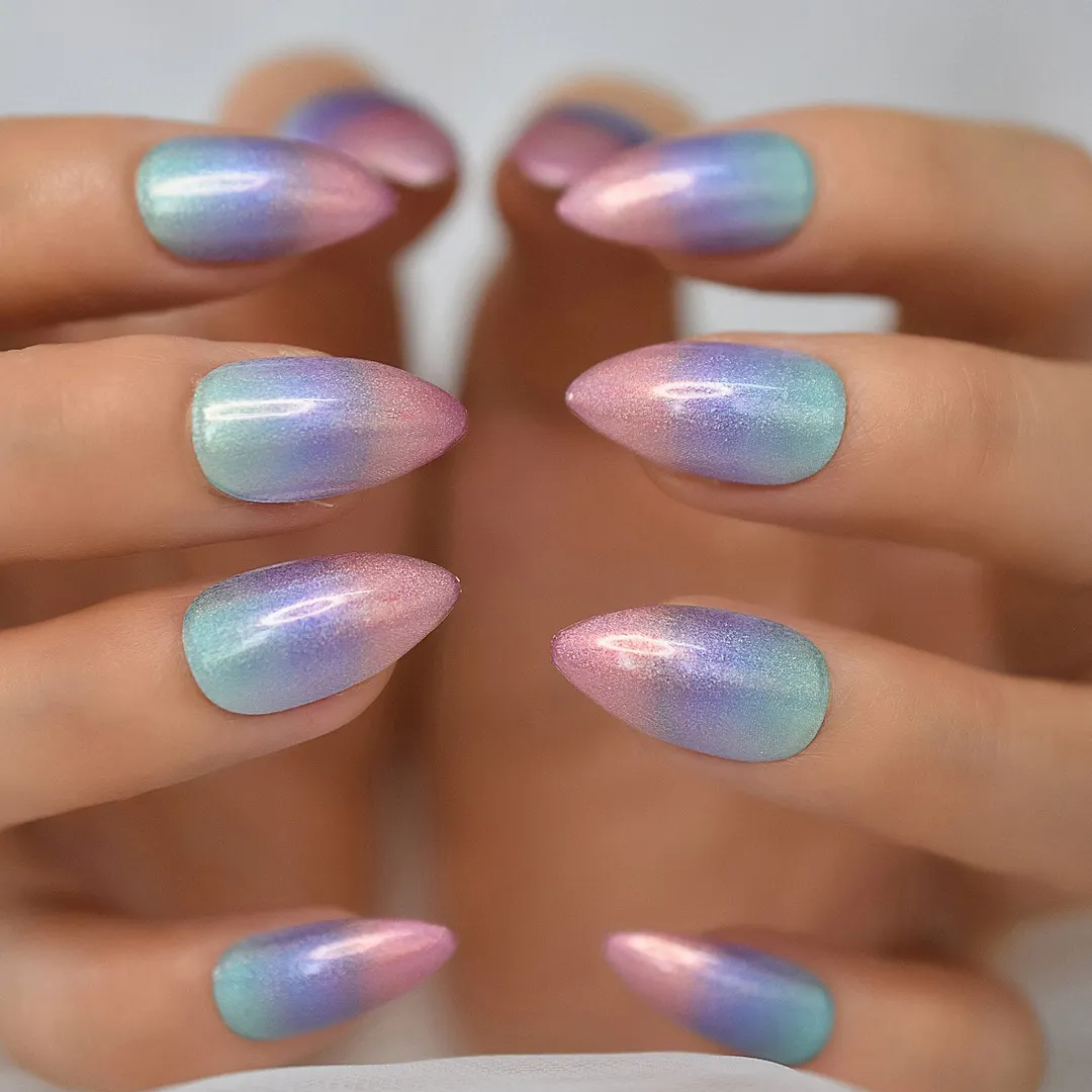 Colorful Profusion Layered Medium Almond Shape Rainbow Color Glitter Nails Tips False Nails Press On Nails Full Cover Nails Set-Nail Inspo