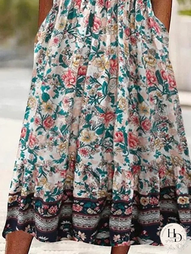 Casual Dress Summer Dress Boho Dress Floral Ruched Pocket Crew Neck Midi Dress Fashion Modern Outdoor Daily Short Sleeve Regular Fit Pink Dark Blue Light Blue Summer Spring S M L XL XXL for Women