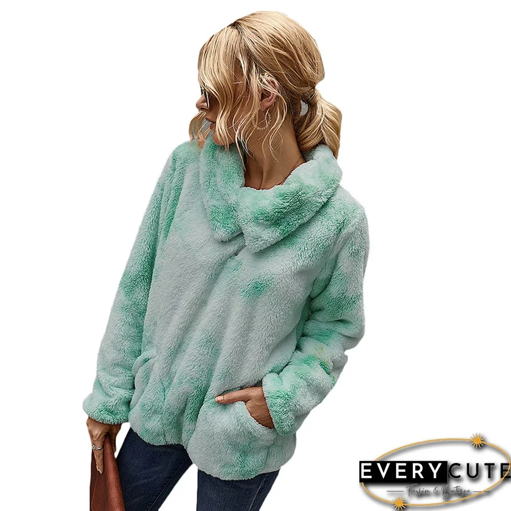 Light Green Tie Dye Fuzzy Pullover with Pockets