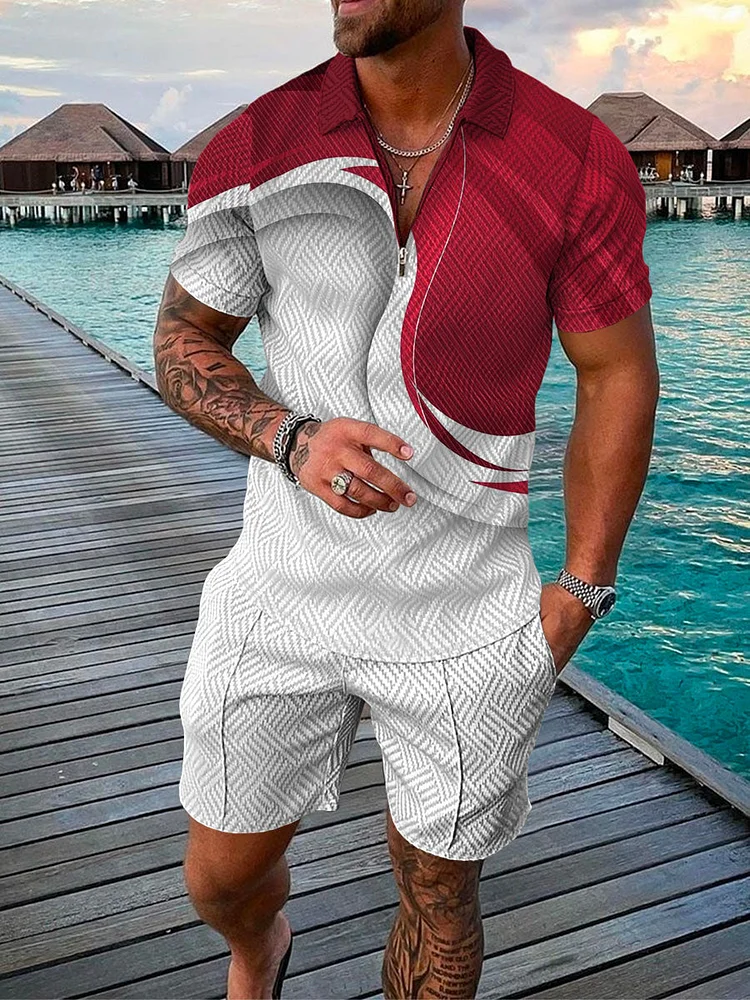 Men's Fashion Printed Zip Polo Shirt and Shorts Two-Piece Suits