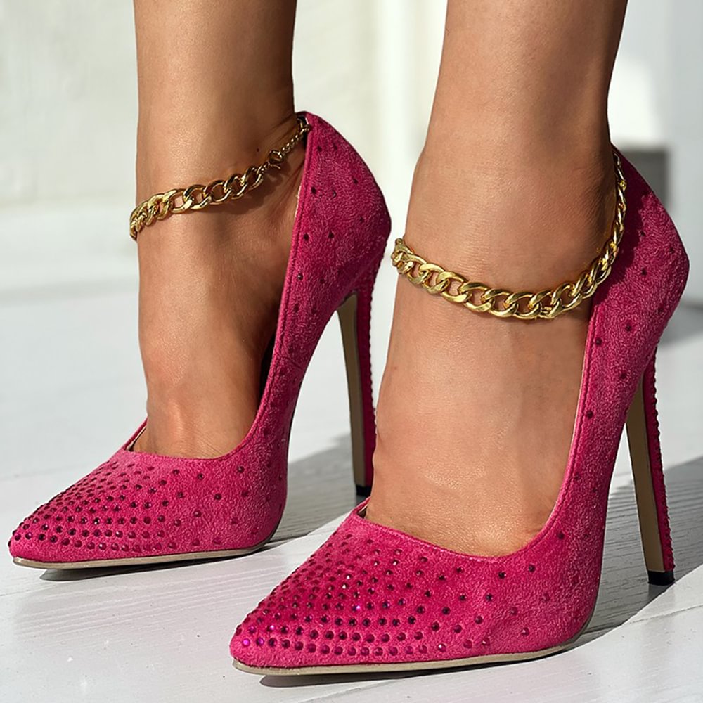 Fuchsia Suede Pointed Toe Pumps Glitter Rhinestone Ankle Strap Pumps Nicepairs