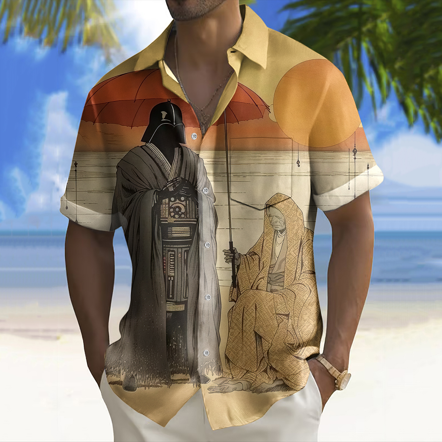 Men's Vintage Ukiyo-e Samurai Art Linen Blend Cozy Shirt