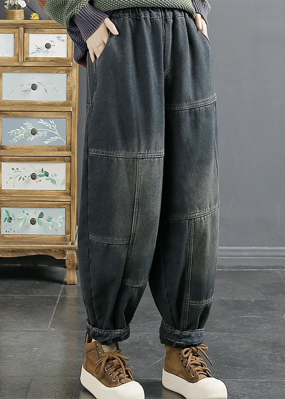 Vintage Blue Pockets Patchwork Elastic Waist Warm Fleece Denim Pants Fall