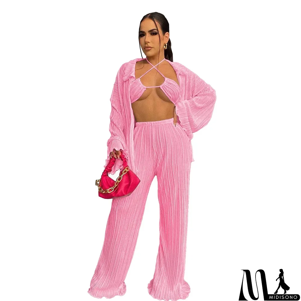 MidiSono - Fall Solid Color Wide Leg Pants Three-Piece Set