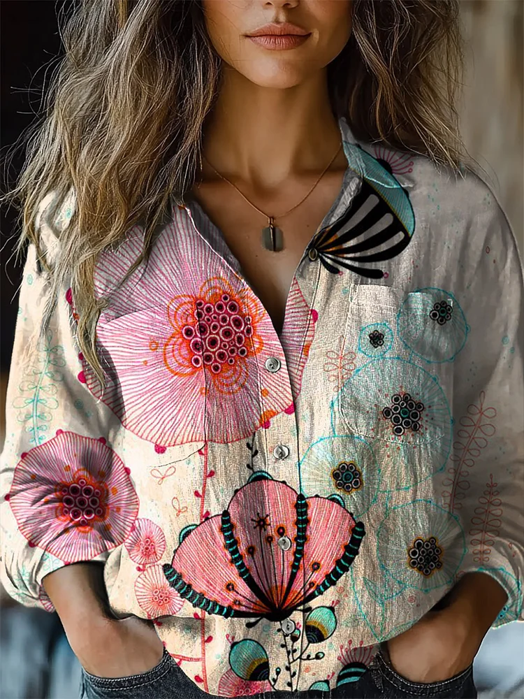 Women's Colorful Flower Graffiti Print Casual Long Sleeve Comfortable Cotton Shirt