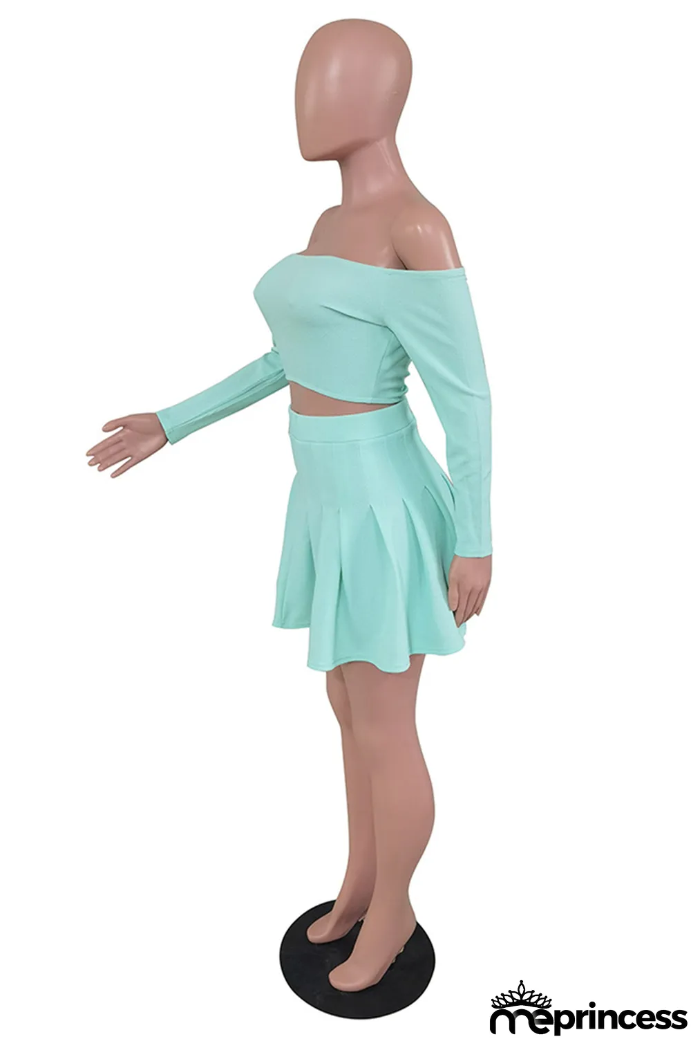 Cyan Sexy Casual Solid Backless Off the Shoulder Long Sleeve Two Pieces