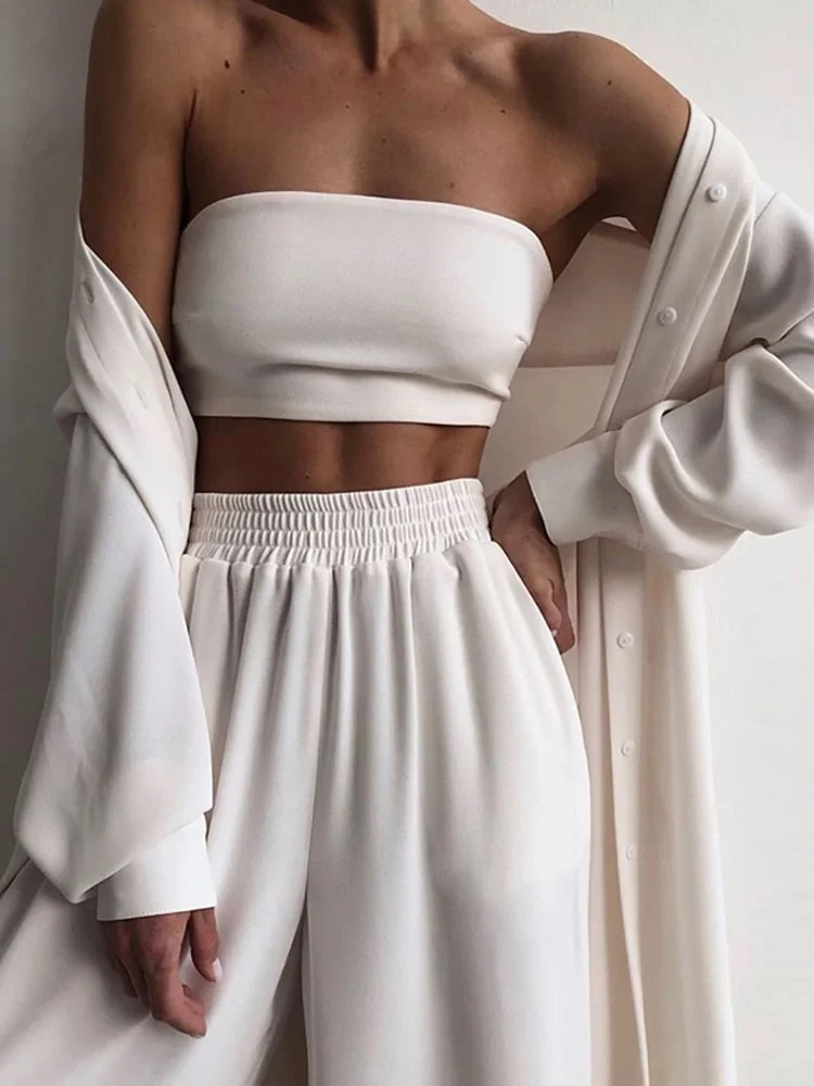 2022 Hot Sell Women Three Piece Sets Homewear Sexy Solid Off Shoulder Slash Neck White Suit Ladies Wide Leg Pants Sportwear Sets