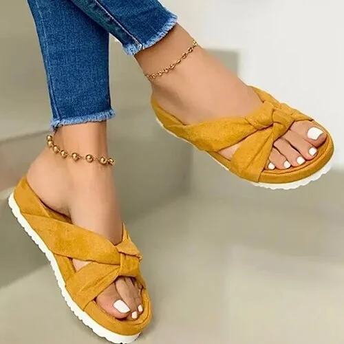 2021 Women Flock Knot Slippers Female Casual Open Toe Slides Ladies Summer Platform Flat Women's Comfortable Shoes Plus Size