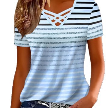 Striped Hollow Out V-Neck Short Sleeve Casual T-Shirt