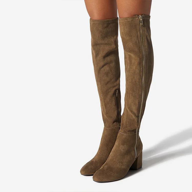 Khaki Round Toe Zipper Boot Women's Vintage Block Heel Thigh Boots |FSJ Shoes