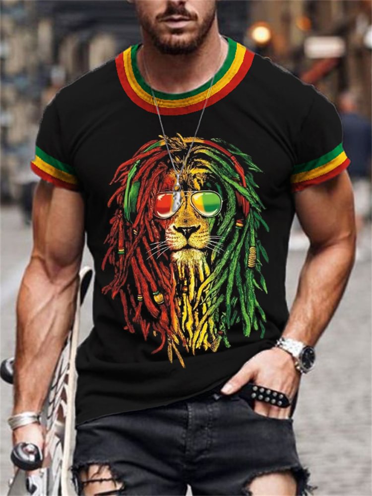 Men's Rasta Lion Print Striped Hem T Shirt