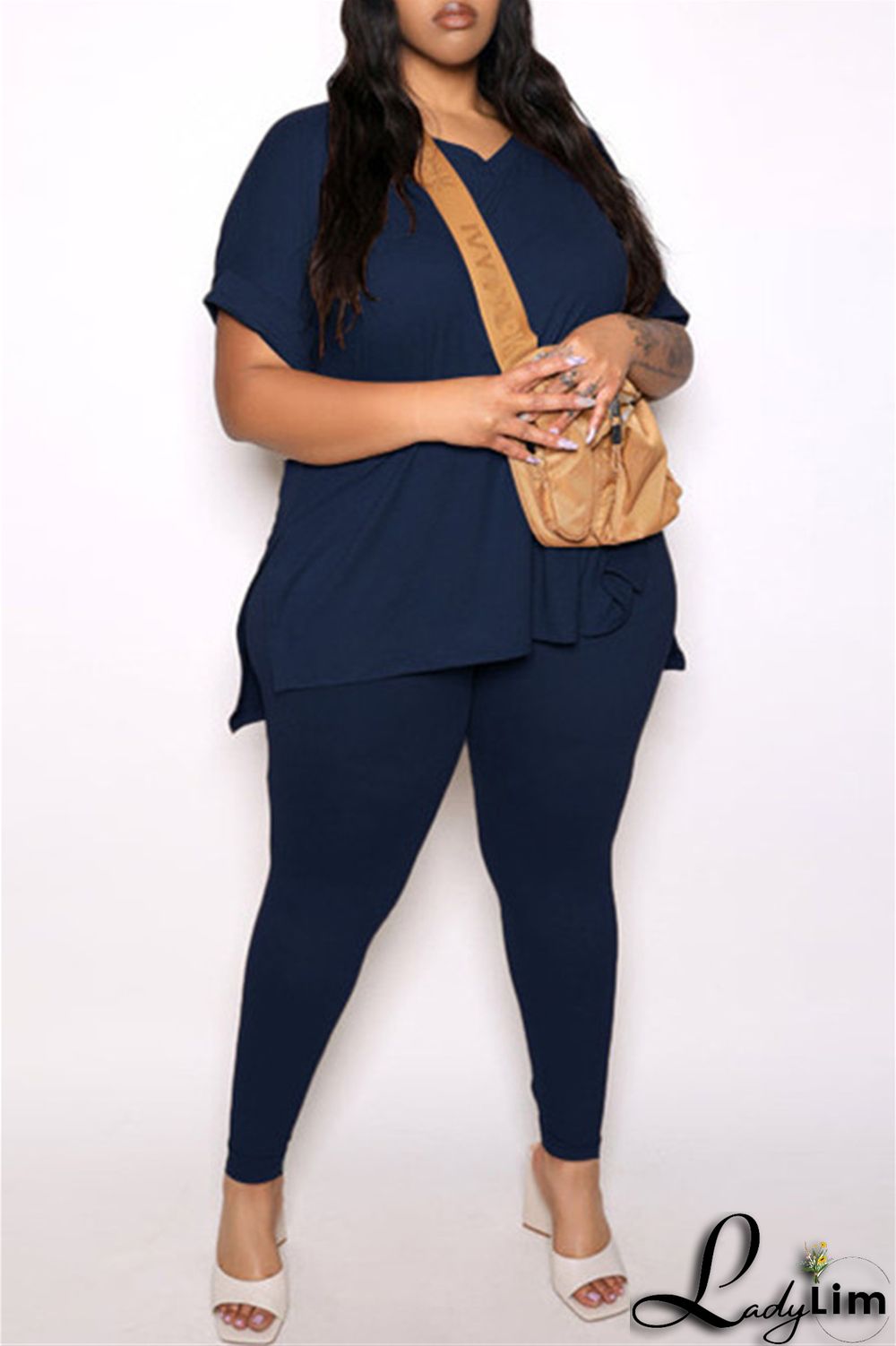 Tibetan Blue Fashion Casual Solid Slit V Neck Plus Size Two Pieces