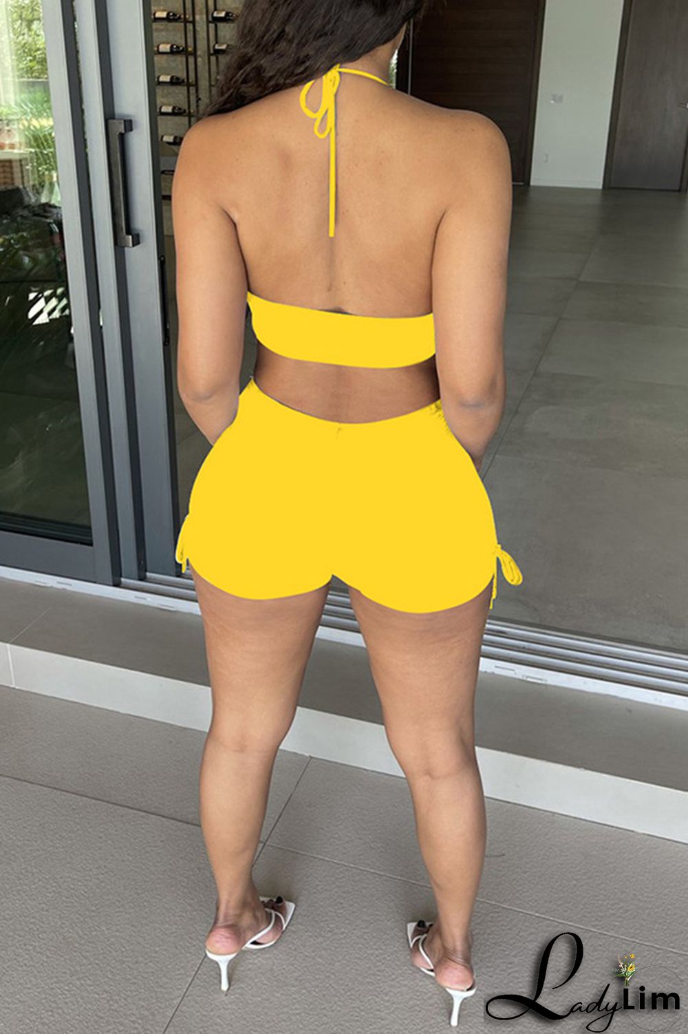 Black Fashion Sexy Solid Bandage Backless Halter Sleeveless Two Pieces