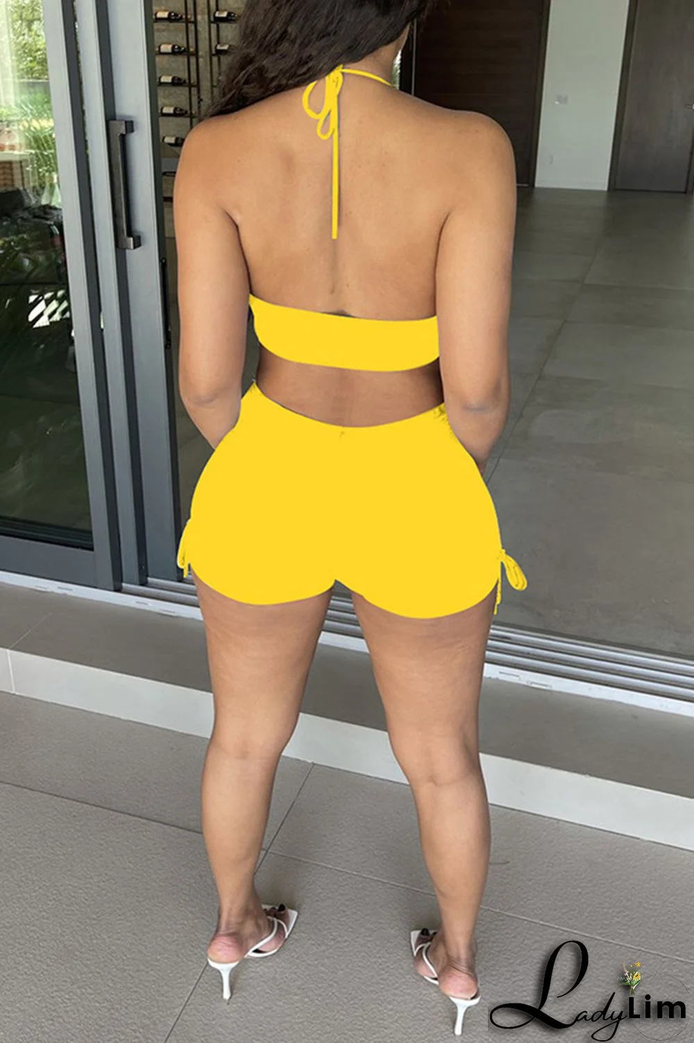 Black Fashion Sexy Solid Bandage Backless Halter Sleeveless Two Pieces