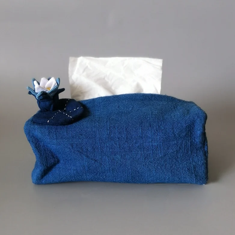 Handmade Indigo-dyed Lotus Tissue Holder Cotton and Linen Fabric Art Chinoiserie