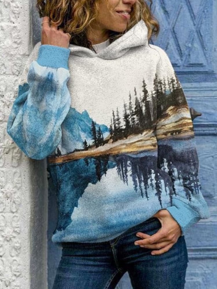 Mountain Art Painting Series Printed Casual Sweatshirt