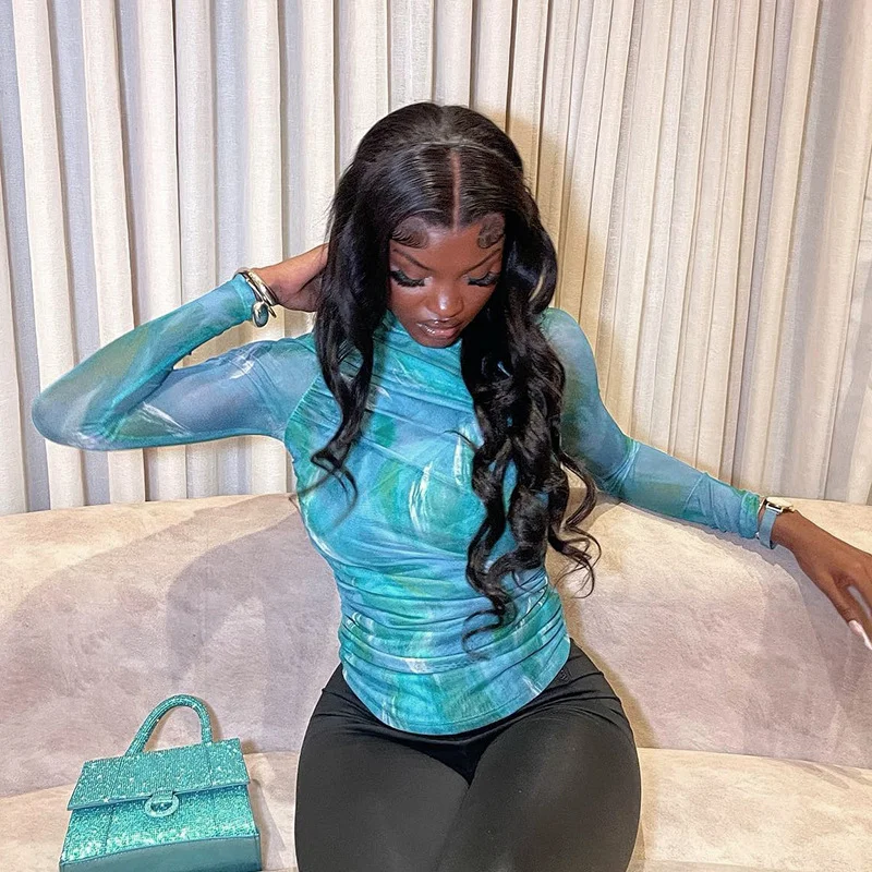 Uveng Uveng Women's Autumn And Winter Cross-Neck Folding Folding Waist Dyed Printing Mesh Yarn T-Shirt