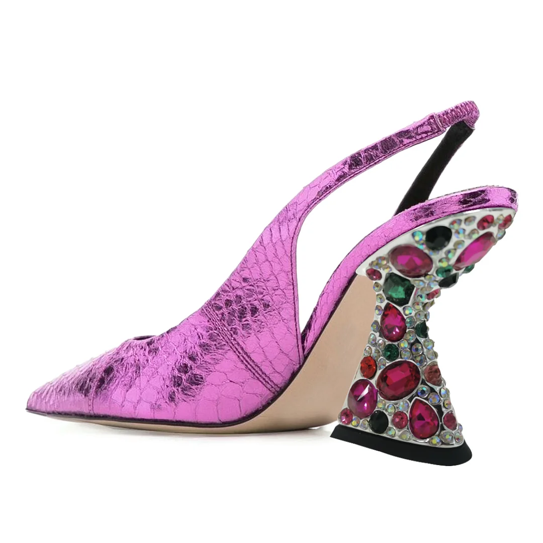 Purple Metallic Touch Croc-Embossed Pointed Slingback Party Pumps