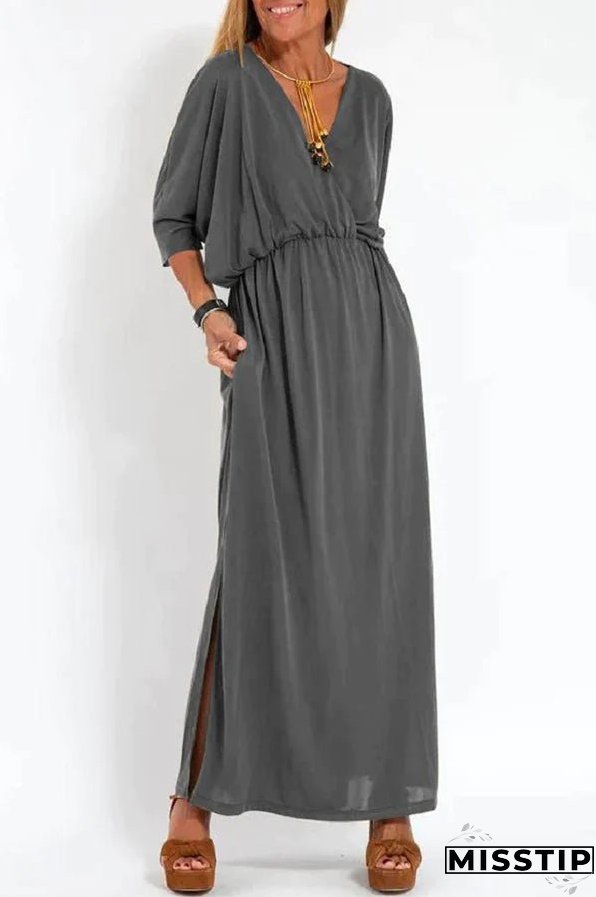 Ultimate Comfort Elastic Waist Half Sleeve Pocketed Slit Maxi Dress