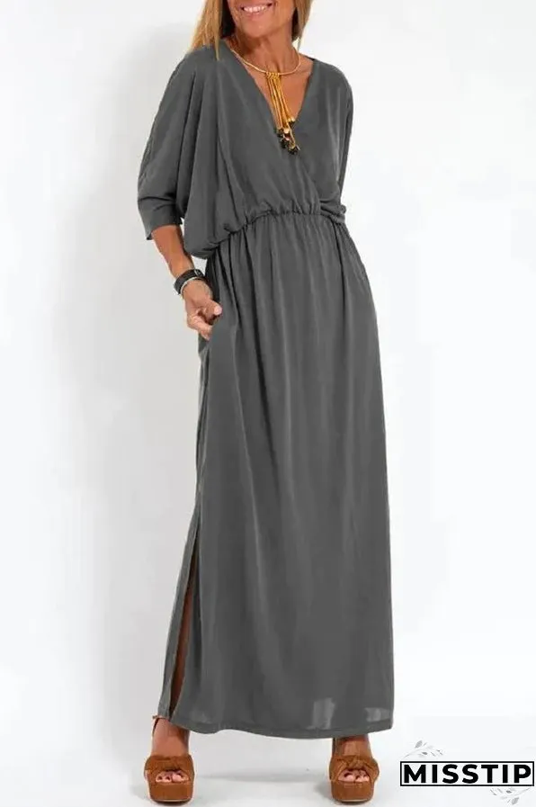 Ultimate Comfort Elastic Waist Half Sleeve Pocketed Slit Maxi Dress