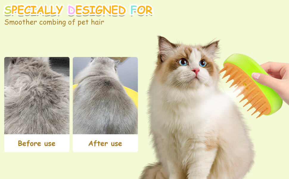 Cat Steam Brush for Shedding;  【3 in 1 Pet Steamy Brush】Hair removal, cleaning, massaging. While removing hair, clean dirt from hair and skin. Reduce the frequency of bathing. Massage promotes blood circulation 【Spray Design】Effectively prevents flying hair and prevents static electricity. It is also easier to open hair knots when hair is wet 【Smooth Silicone Brush Teeth】Smooth rounded teeth head take a better massage experience. Silicone brush teeth can stick the fallen hair better. The tapered spiral design conforms to messy hair and is tough enough to remove hair 【Mango-Shaped Design】Ergonomic, more comfortable to hold, and easier to comb messy hair in all directions. At the same time, it looks interesting and fashionable 【Suitable For All Pets】The shell is made of ABS plastic material, which is sturdy and durable. The brush teeth length is 0.52IN, suitable for all long-haired and short-haired cats and dogs.