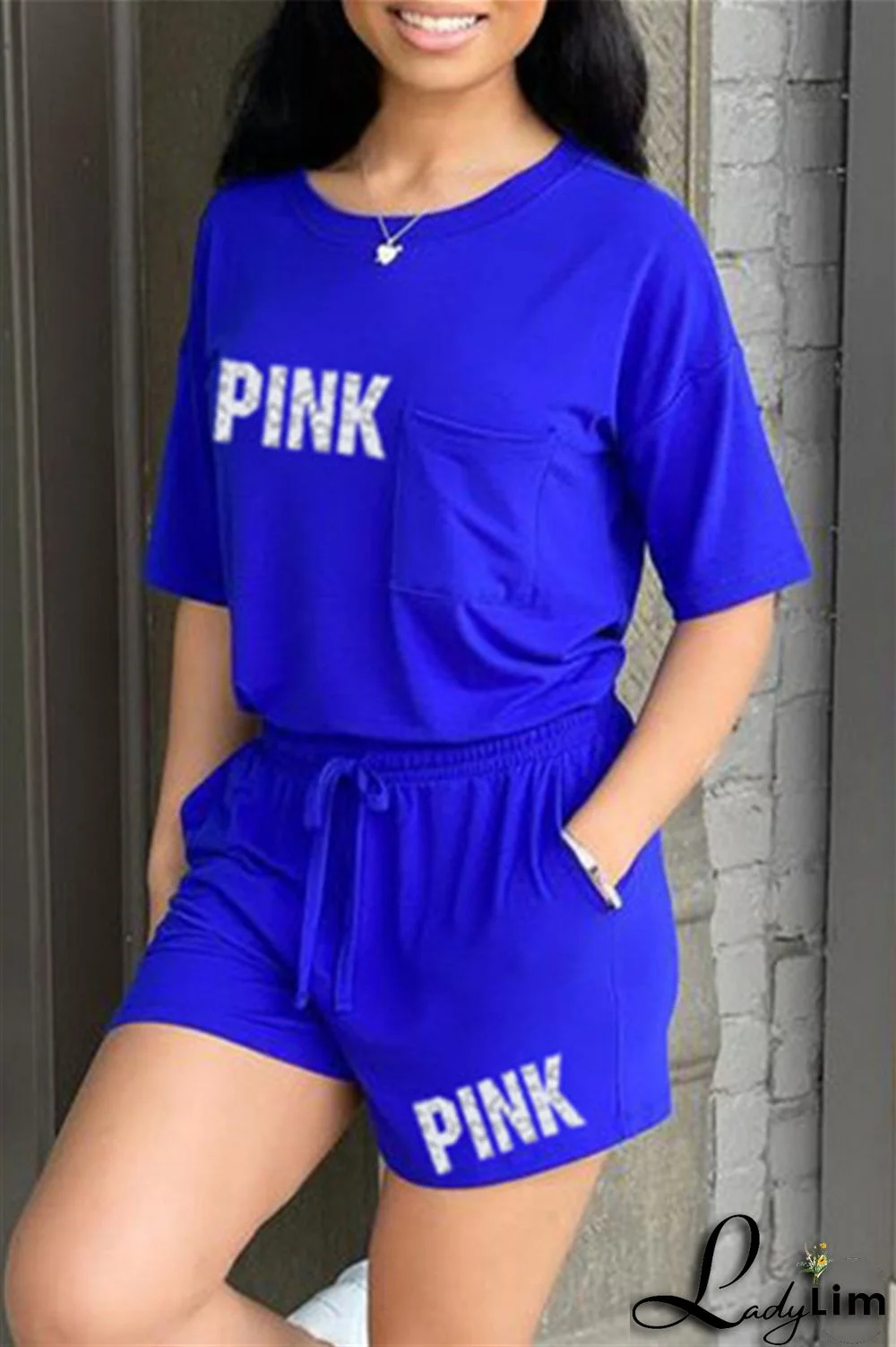 Black Fashion Casual Letter Print Patchwork O Neck Short Sleeve Two Pieces