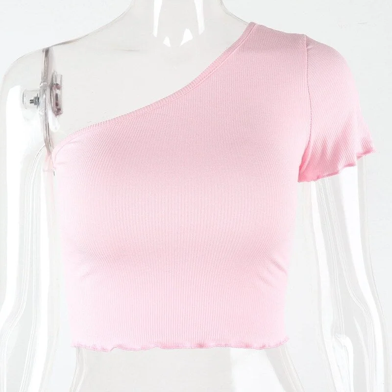 2020 Fashion Crop Tops Summer One-shoulder Slim Solid Ruched T Shirt Ladies Short Sleeve Sexy Stree Clubwear Basic Tee Top New