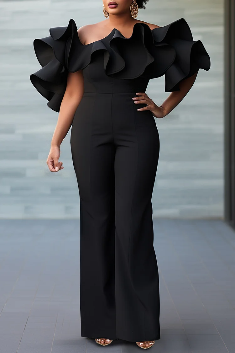 Xpluswear Design Plus Size Cocktail Party Black Off The Shoulder Ruffle Elegant 3D Jumpsuits [Pre-Order]