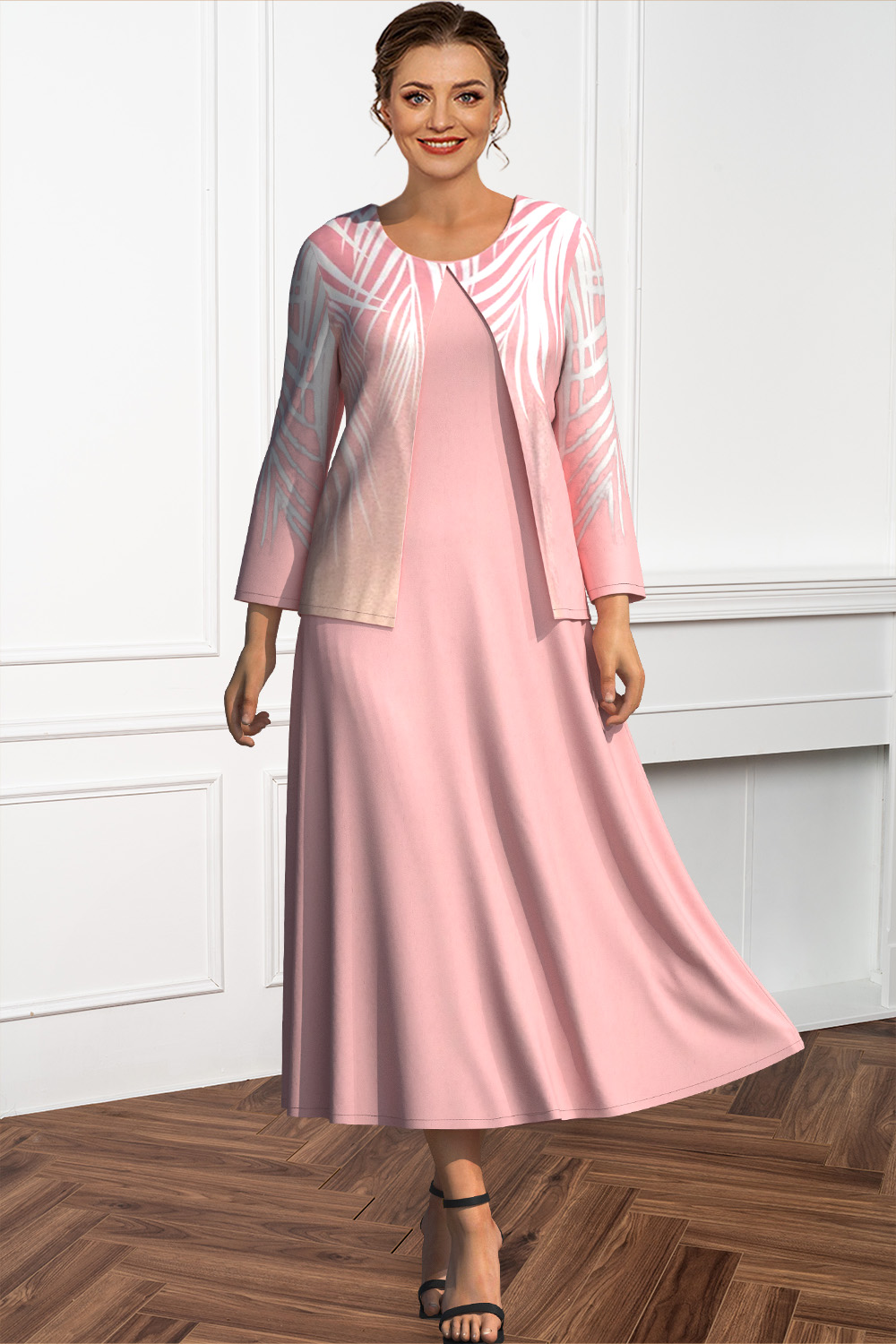 Flycurvy Plus Size Casual Pink Leaf Print Two Pieces Tea-Length Dress With Jacket 2024 - Flycurvy 