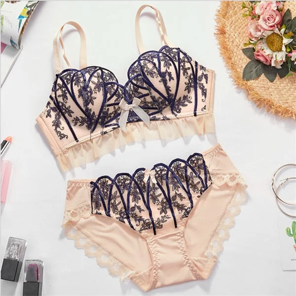 Embroidery Bra Set Grils Croset Sexy Lingerie Panty Underwear Set Women Thin Push Up Lenceria Briefs нижнее белье женское