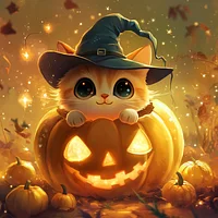 Pumpkin Cat With Hat - Diamond Painting