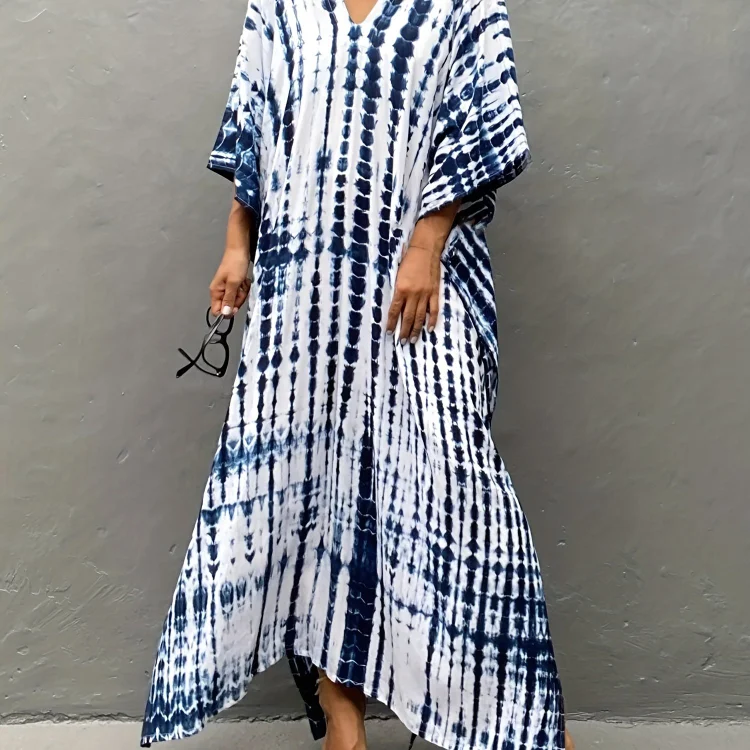 Plus Size Boho Cover Up, Women's Plus Tie Dye Striped Batwing Sleeve V Neck Vacay Cover Up Dress