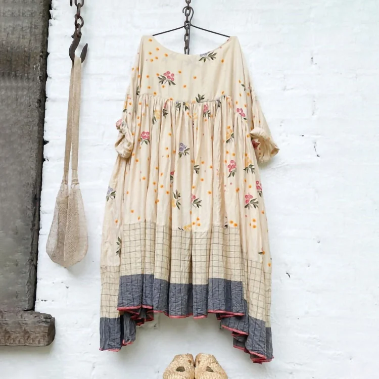 Casual Crew Neck Gathered Loose Print Maxi Dress
